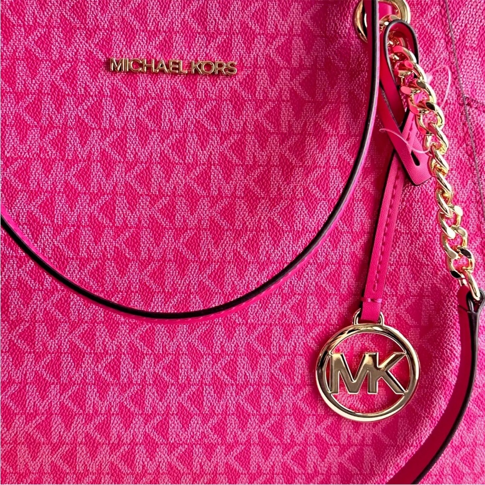 Michael Kors Jet Set Travel Large Chain Shoulder Tote MK Logo Bag Electric Pink - Picture 7 of 10